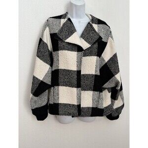 Caslon Wool Blend Jacket  Womens M White Black Plaid Oversized Open Fall Boho